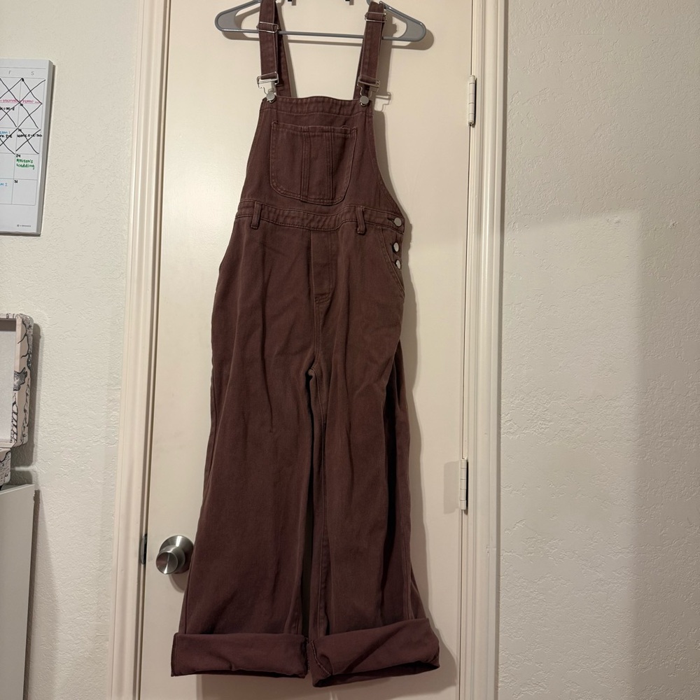 brown denim wide leg overalls